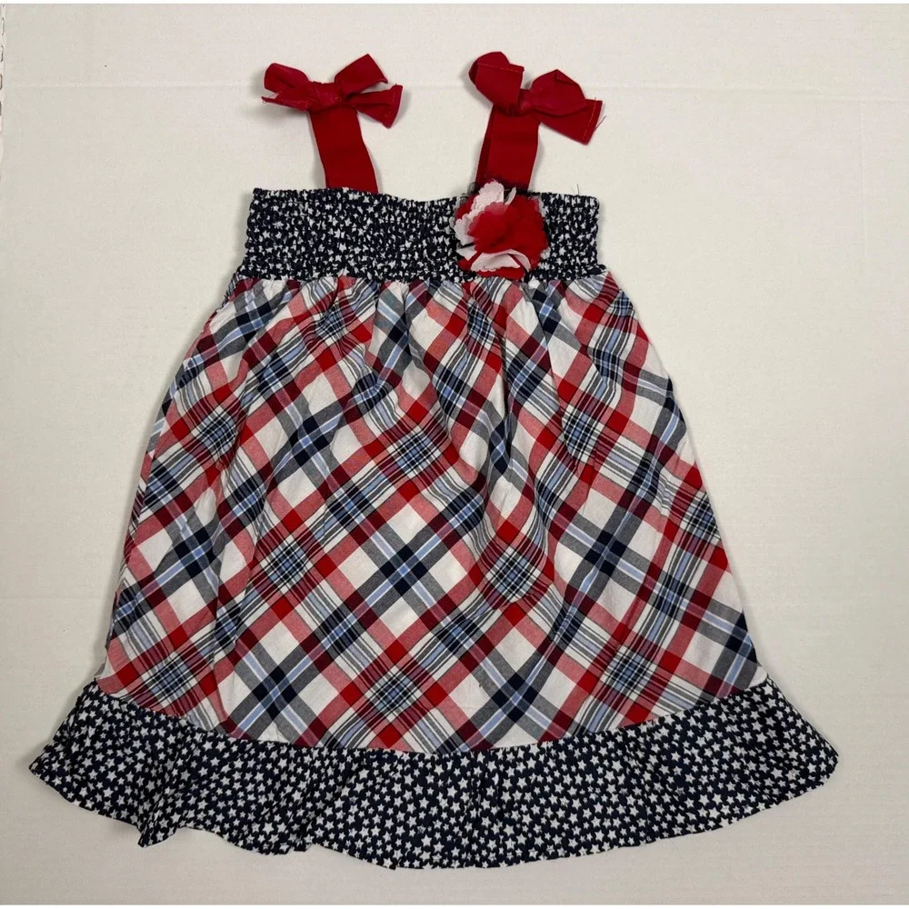 The Children's Place Dress Patriotic Plaid 3T Red White Blue Americana Bows Star